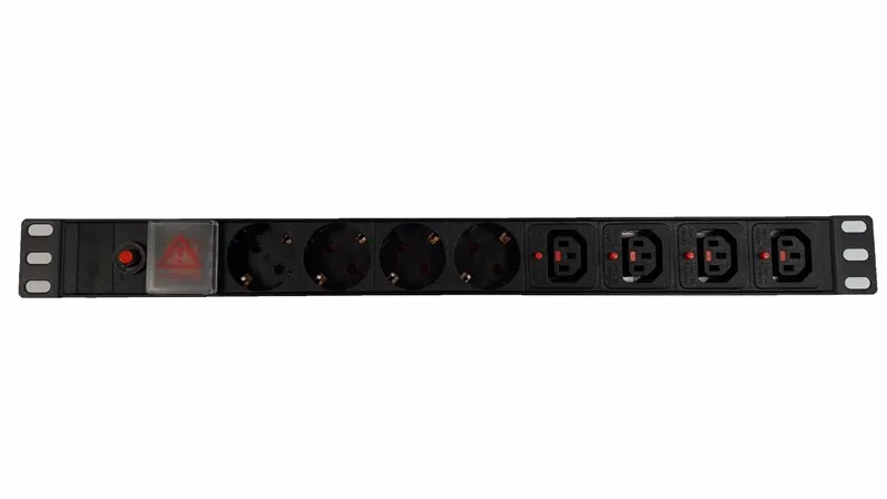 Блок розеток 19", 10-16A, 8 розеток (4 шт EU + 4 шт C13), без шнура, выключатель, с защитой,  корпус металл, черный