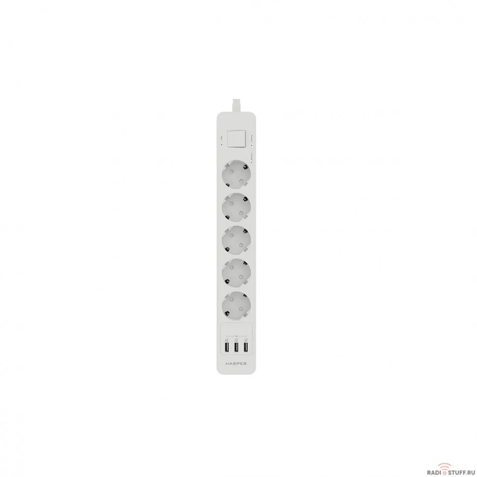 Harper Сетевой фильтр с USB зарядкой UCH-530 White (5 роз.,1,5м.,3 x USB 2.4A (max 3.4A), 4000W) {H00002264}