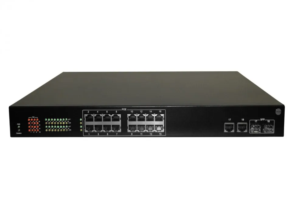 NS1016S18P PoE, коммутатор, 19", 18 портовый, 16 PoE 802.3af 10/100Mbit портов, 15.4W + 2 комбинированных порта 1000Base-T/SFP слот, VoIP,