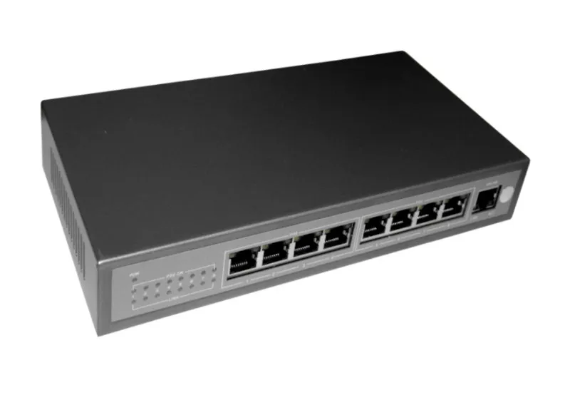 NS10829P PoE, коммутатор, настольный, 9 портовый, 8 PoE 802.3af 100Mbit портов, 15.4W, 1 Uplink 1Gbit порт, кабель питания ЕВРО, серый